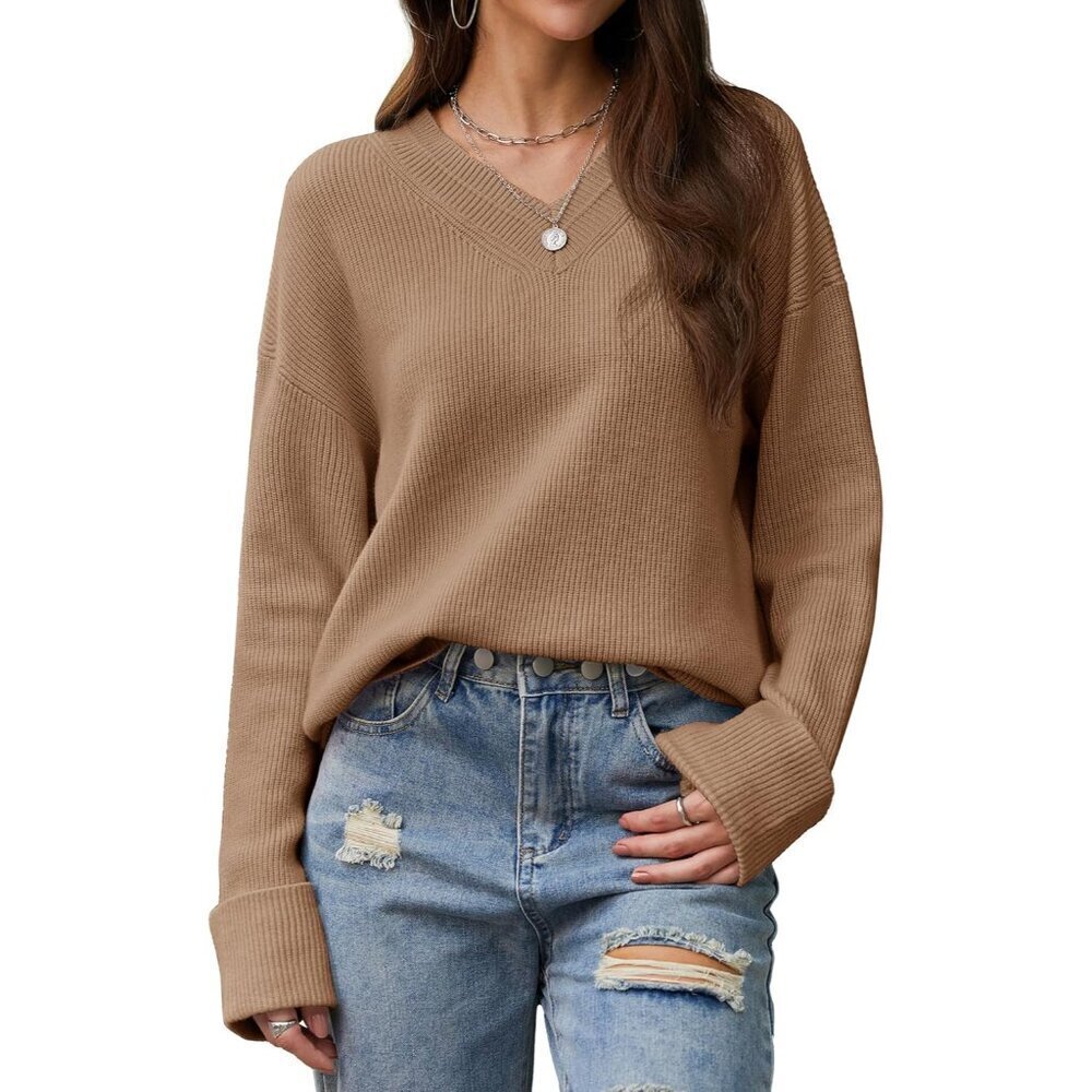 Women’s Long Sleeve V Neck Sweater Pullover Loose Fit Fall Fashion Clothes